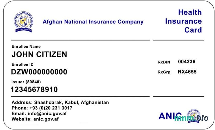 Afganistan Afgańska Krajowa Firma Ubezpieczeniowa karta ubezpieczenia zdrowotnego edytowalny szablon